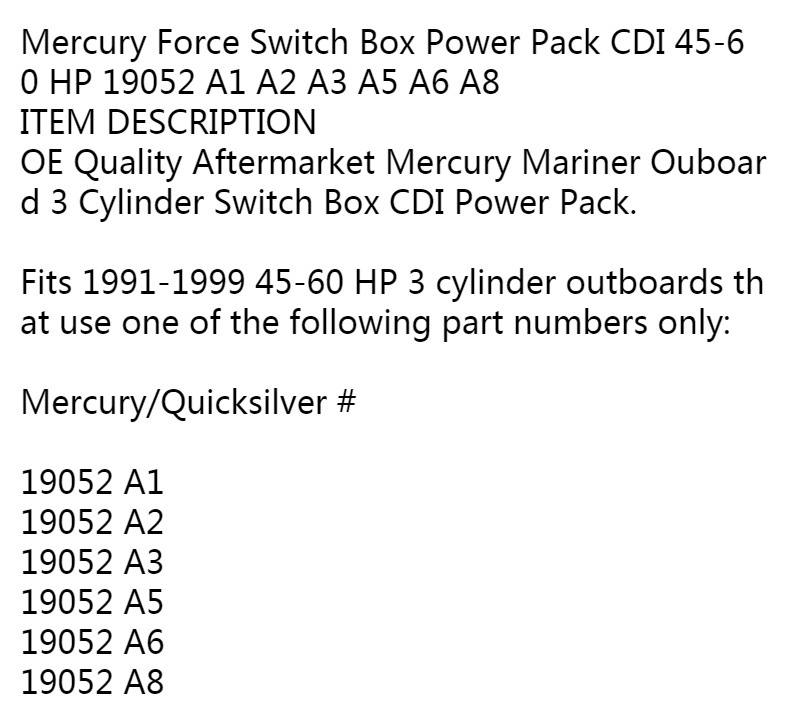 Mercury Switch Box Power Pack Cdi 45-60 Hp 19052 A1 A2 A3 A5 A6 A8 Igniter