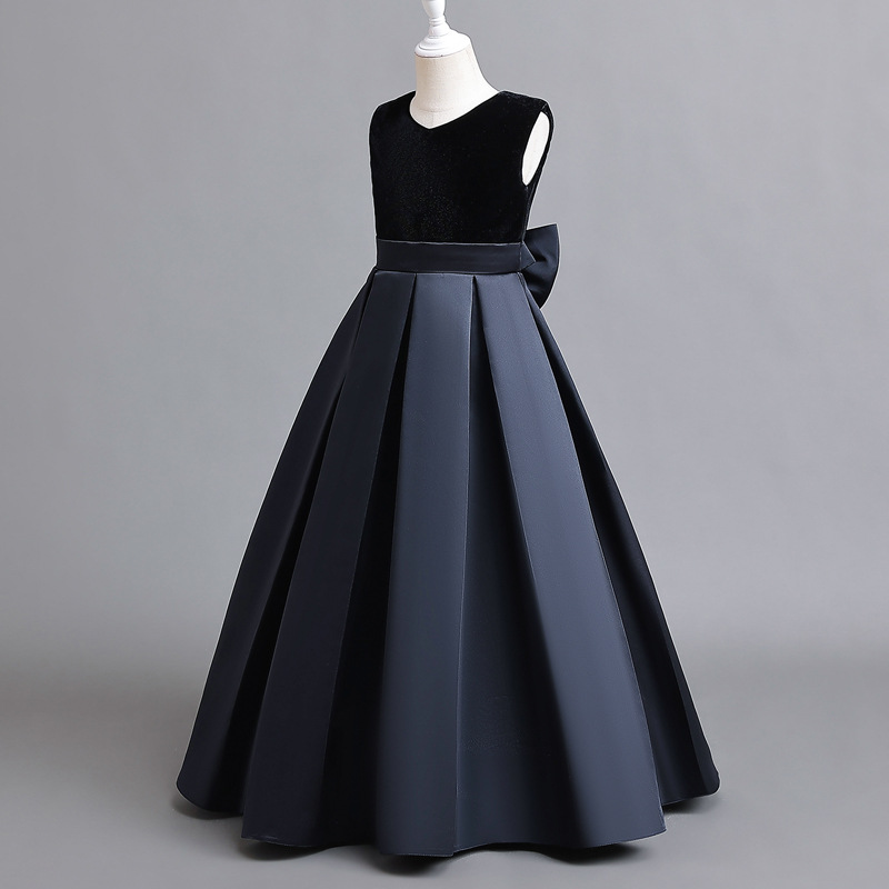 欧美儿童礼服黑色V领钢琴演出服女童公主裙高端主持人宴会晚礼服