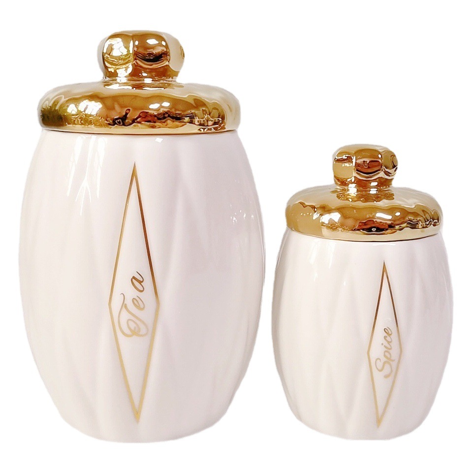 Tarro sellado de cerámica de diamante transfronterizo cubierta chapada en oro Tarro de condimento de 7 piezas Tarro de almacenamiento de cocina Tarro de té de café