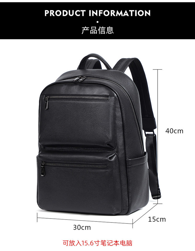 Ba lô da bò lớp đầu cho nam, kiểu dáng tối giản, đa chức năng, ngăn laptop 15 inch — Màu đen chi tiết 12