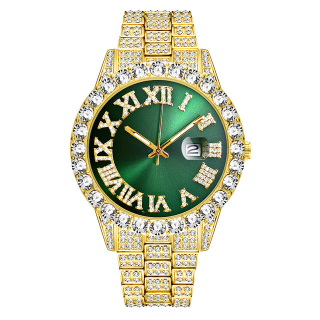 Europa y América nuevo estilo agua fantasma grande rhinestone diamante reloj de los hombres escala romana calendario hip hop reloj de los hombres reloj de oro verde completo reloj de diamantes
