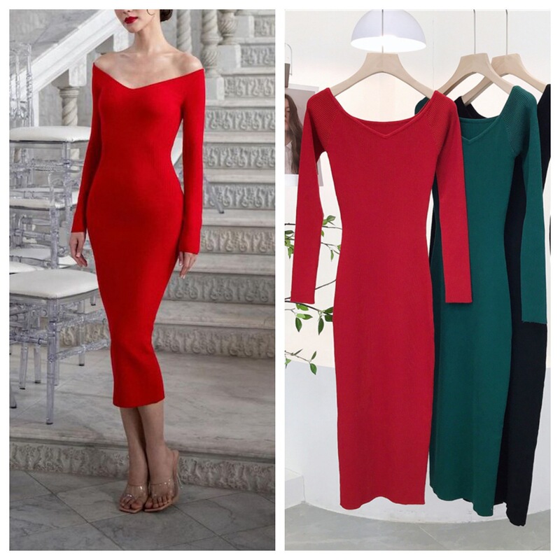 7894 Spring vintage sexy deep V-neck off-shoulder waist-cinching slim-fit slit knit dress with inner long skirt