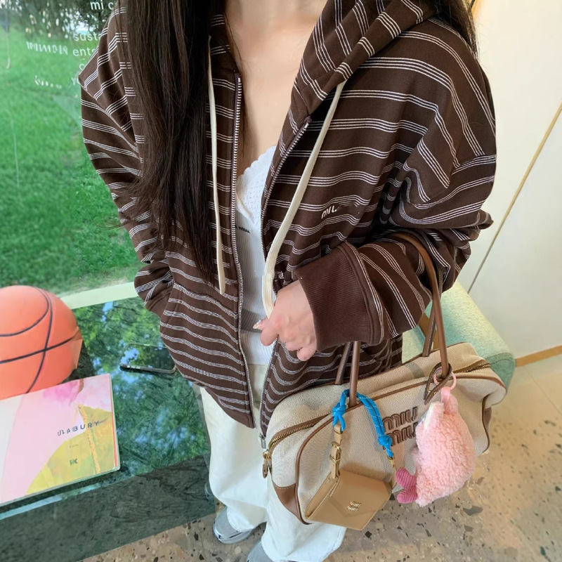 High-Quality Nanyou Trendy Brand mm Brown Retro Striped Hooded Zip-Up Sweatshirt Loose Casual Style Jacket Wholesale High-Quality Nanyou Trendy Brand mm Brown Retro Striped Hooded Zip-Up Sweatshirt Loose Casual Style Jacket Wholesale