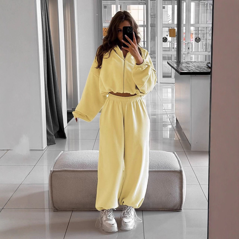 Cross-Border Casual European and American Women's Suit Solid Color Long-Sleeved Zipper Hooded Cardigan Elastic Wide-Leg Pants Two-Piece Set Cross-Border Casual European and American Women's Suit Solid Color Long-Sleeved Zipper Hooded Cardigan Elastic Wide-Leg Pants Two-Piece Set