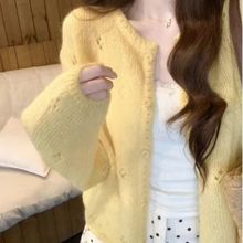 黄色镂空针织开衫女装2025年春季设计感掐腰修身辣妹修身显瘦上衣