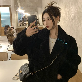 2024秋冬加厚中长款西装领泰迪毛皮毛一体毛毛绒皮草女羊羔毛外套