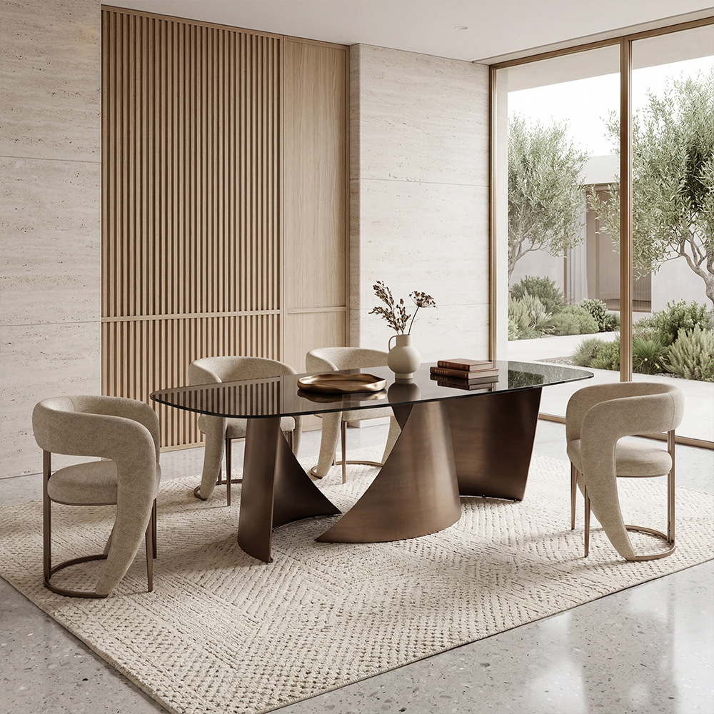 Mesa de comedor de cristal para 8 personas, vidrio templado y acero inoxidable, para restaurante