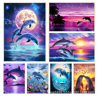 5D钻石画diy满钻钻石绣月光海豚落日钻石画跨境亚外贸厂家批发