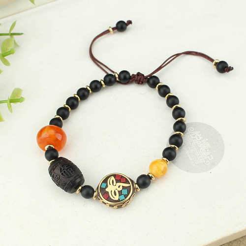 Ethnic Style Black Ebony Bead Bracelet Wooden Glass Beaded Necklace Handmade for Women, Retro and Artistic Couple Accessories 