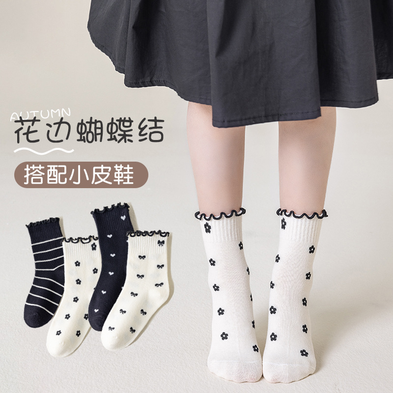 Calcetines infantiles para mujeres otoño nuevos lindos princesas de dibujos animados encaje transpirable arco calcetines de algodón para niños grandes medias medias