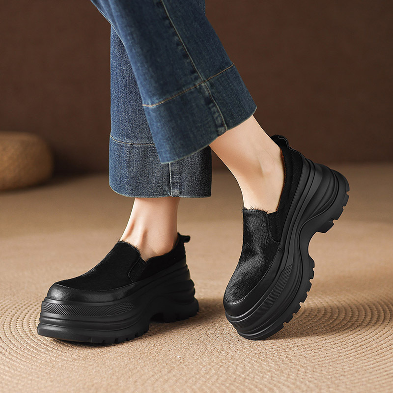 Giày loafer nữ đế xuồng platform da lông ngựa gót 7.5 cm — màu đen, màu mơ