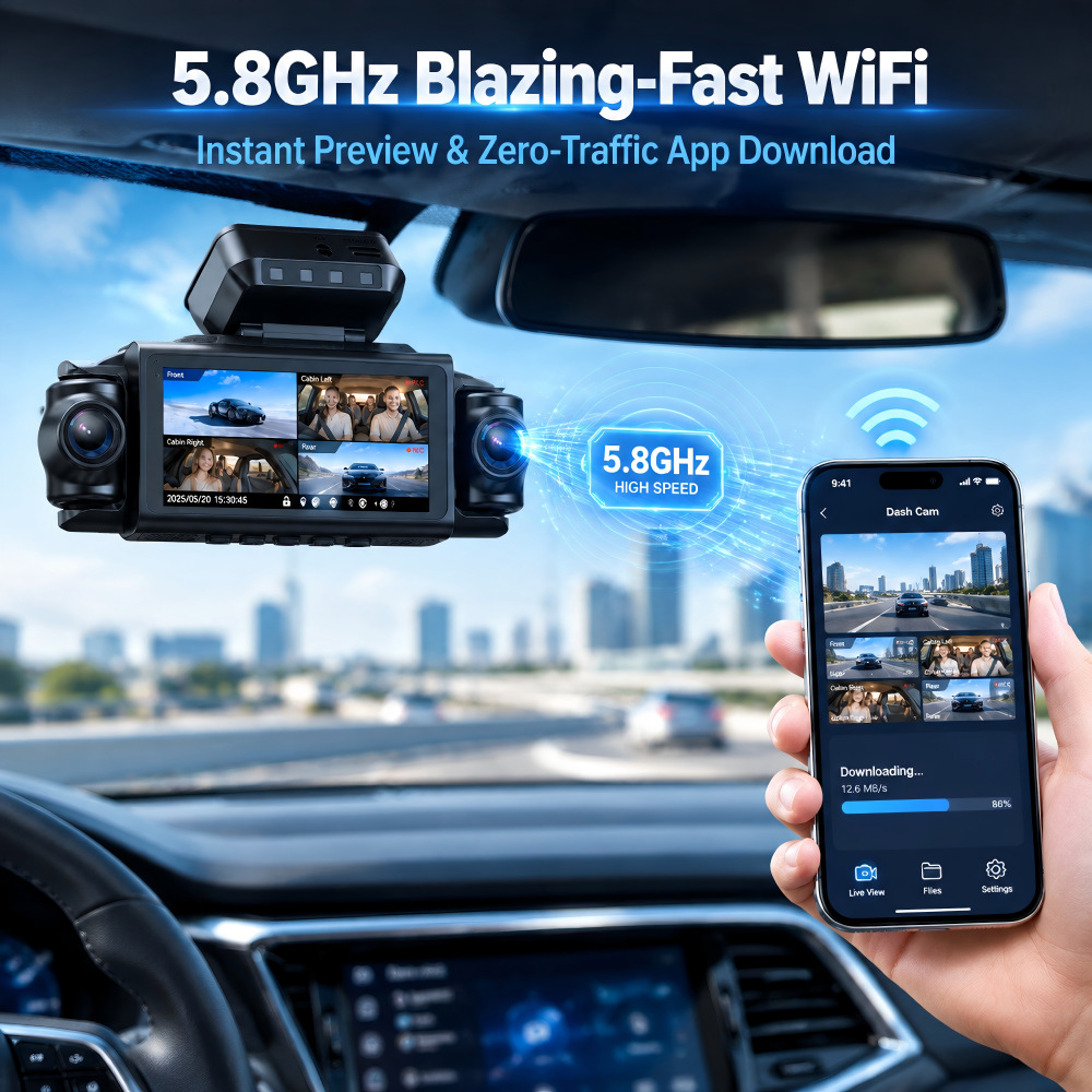 Cross-border 4K dashcam with 5G WiFi, 4-channel recording, front and interior cameras, fisheye wide-angle lens, and ADAS/ BSD driver assistance features