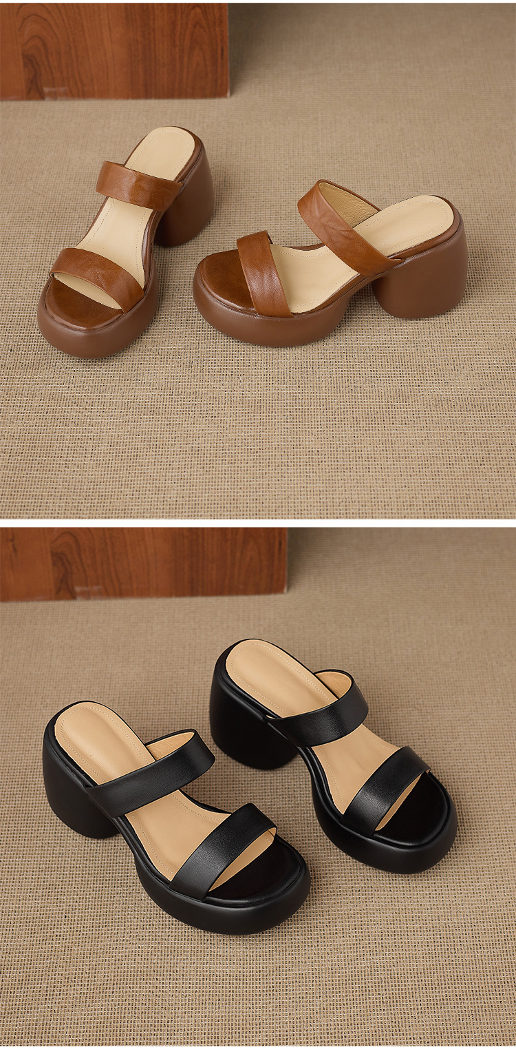 Sandal cao gót nữ quai ngang hở mũi đế xuồng gót vuông 9 cm — màu nâu, màu đen, màu trắng ngà chi tiết 14