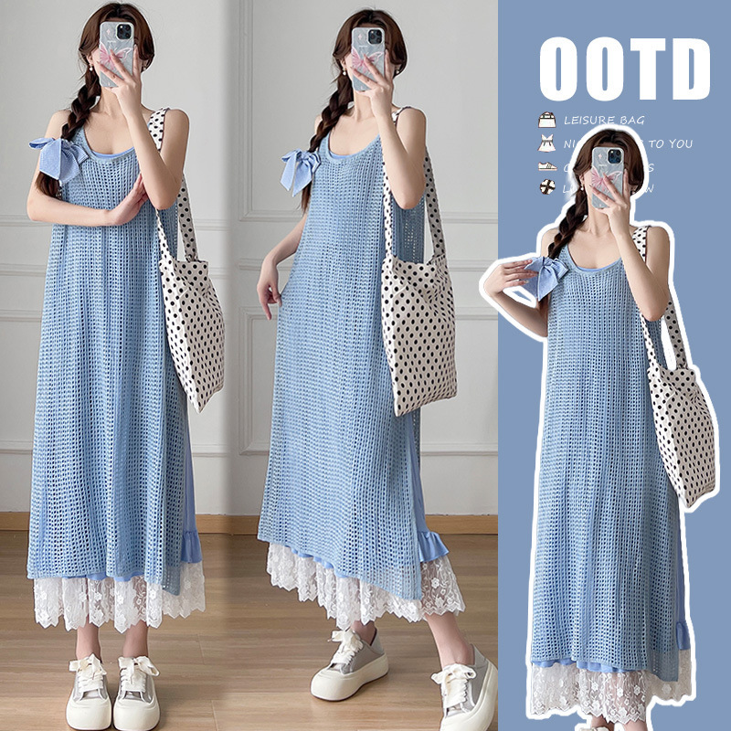 Real Shot of Ready-Made 2025 New Maternity Summer Wear, Knitted Sleeveless Long Skirt and Suspender Skirt Two-Piece Suit