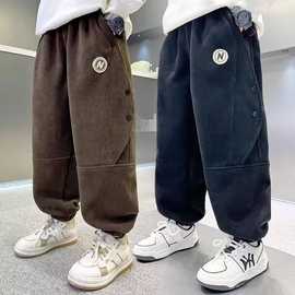 男童加绒裤子2024新款儿童灯芯绒休闲长裤男孩冬季外穿加厚束脚裤