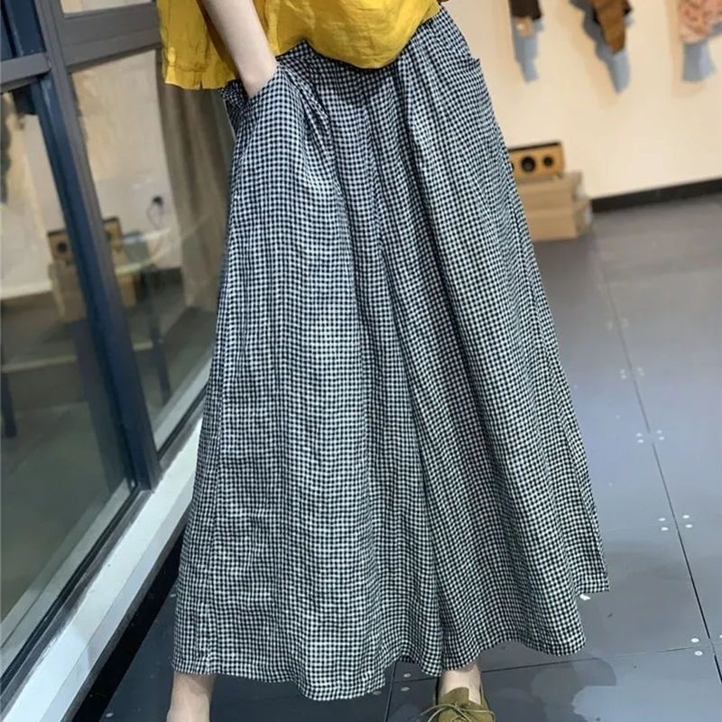Plus-Size Faux Cotton-Linen Plaid Casual Cropped Pants for Women, 2026 Spring/Summer New Style, Loose Fit, Slimming, Lazy Wide-Leg Skirt Pants