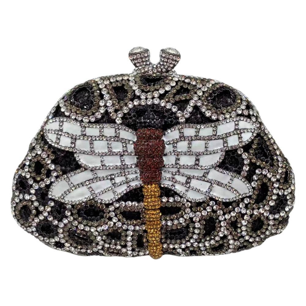 Túi clutch dạ tiệc đính đá thủ công họa tiết chuồn chuồn — Màu tím hồng, Vàng cà phê, Đen xám bạc, Màu xanh lục