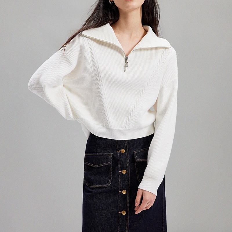 欧美短款针织女衫2025秋冬新款纯色麻花长袖立领拉链套毛衣外套|undefined
