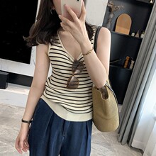 条纹U领冰丝背心女夏外穿设计感针织内搭打底无袖上衣修身小吊带