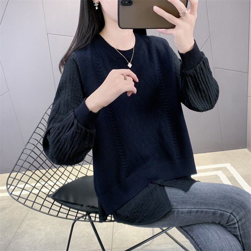 圆领针织拼接假两件衬衫女2025春秋时尚毛衣高级感卫衣针织衫上衣|undefined