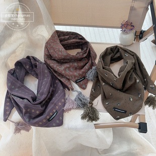 Korean New Style Kidsren's Small Floral Triangle Scarf Autumn and Winter Fashionable Headscarf for Boys and Girls Trendy Kidsren's Versatile Scarf and Neck Scarf