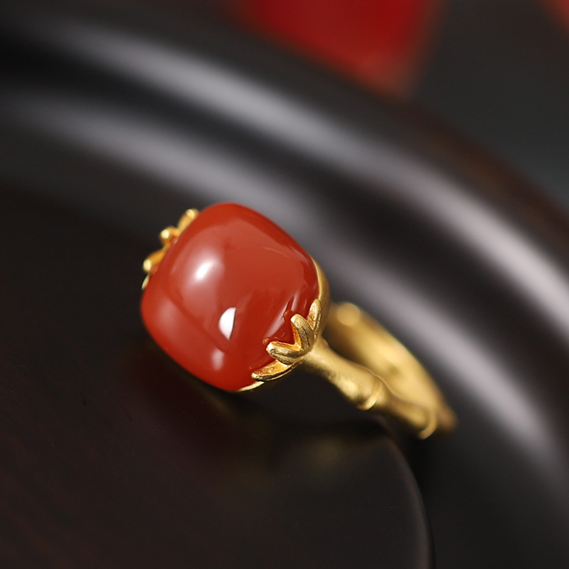 S925 Sterling Silver Gold Plated Hetian Jade Sapphire Retro Bamboo Ring