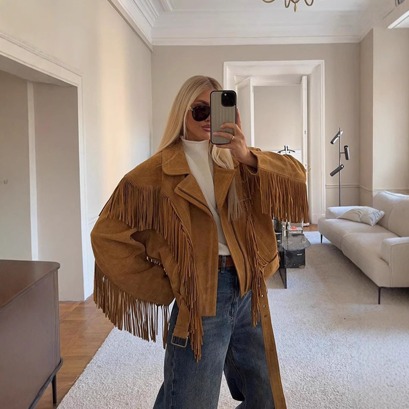 2025 Cross-Border European and American Style Women's Autumn and Winter New Fashion Retro Style Lapel Tassel Wide Shoulder Suede Jacket