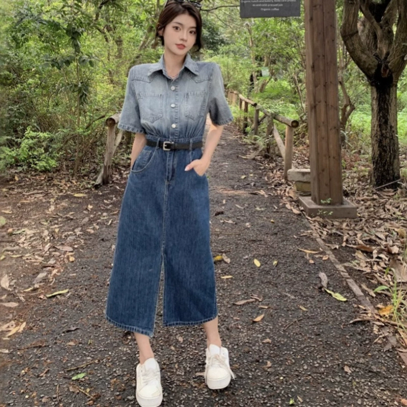 Корейский шик2025, новый летний стиль, Гонконгский стиль, ретро, ​​элегантный дизайн, джинсовое платье с градиентом цвета на талии