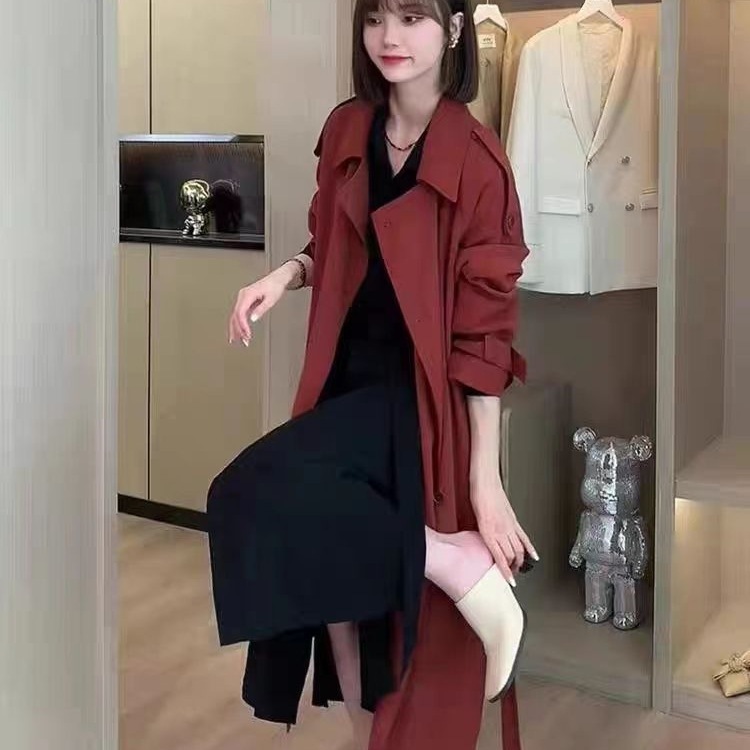 2025早秋新款红色风衣女中长款气质高端今年流行高级外套女秋冬|undefined