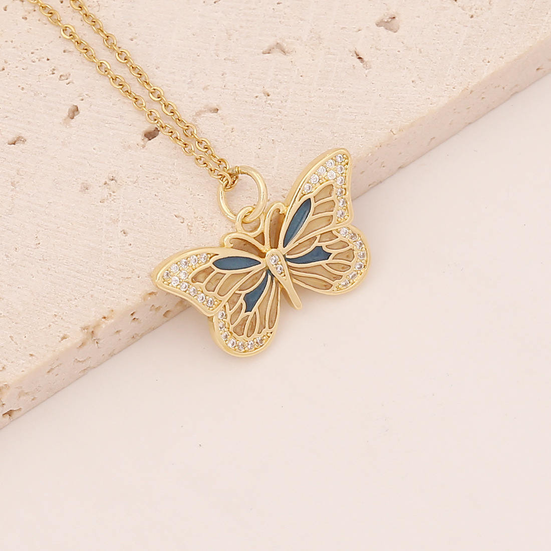 Oil Dripping Butterfly Copper Zircon-Inlaid Pendant necklace