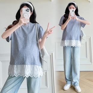 Maternity Wear 2025 Summer New Fashion Elegant Short-Sleeved T-Shirt Design Lace Loose Revealing Maternity Top