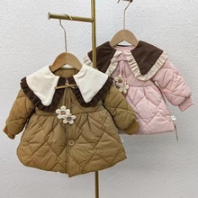 冬款女娃娃领宝宝韩版翻领冬季小香风拼接潮流花朵绳棉衣