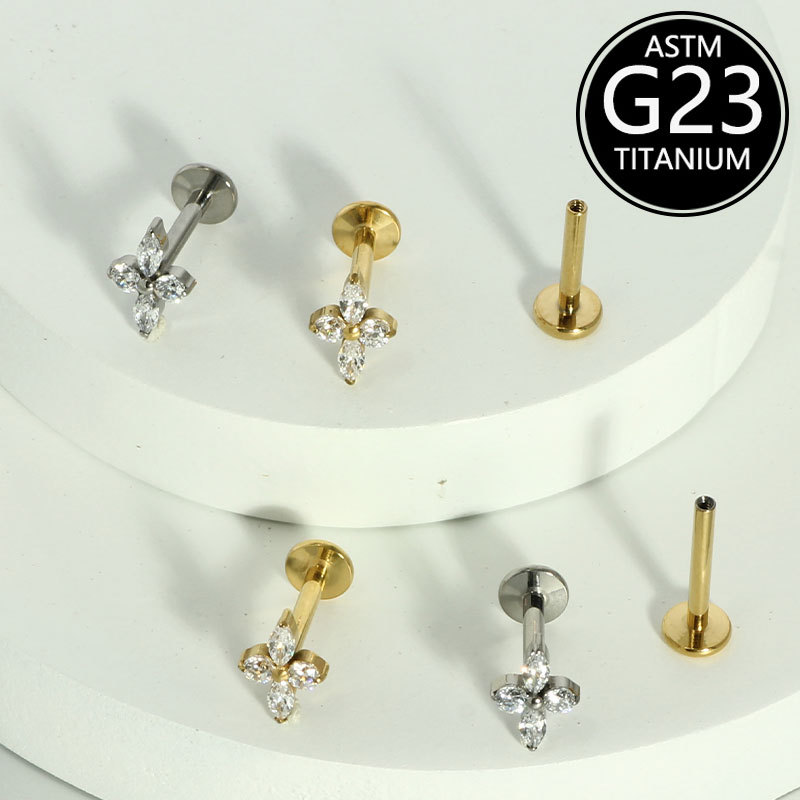 G23 Titanium Lip Piercing 6 10mm with Zircon Flower Design Ear Studs Cartilage Studs detail image 8