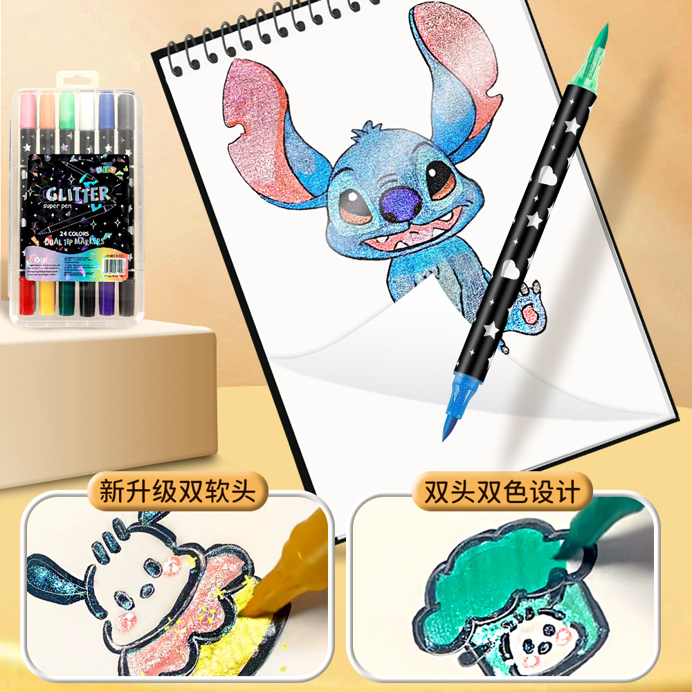 Marcador flash de dos colores de dos cabezas de venta caliente de Temu, bolígrafo flash de pintura de cabeza suave de bricolaje, bolígrafo de marcado clave para estudiantes