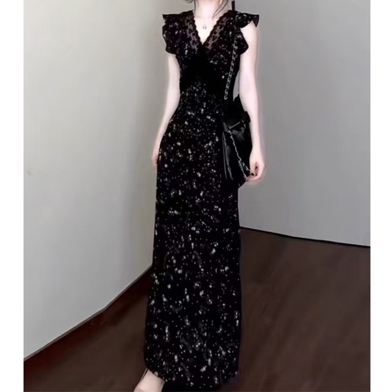 ブラックレースステッチ花柄ドレス2025夏リゾートスタイルフレンチスタイルユニークで美しいピンチウエストロングドレス|undefined