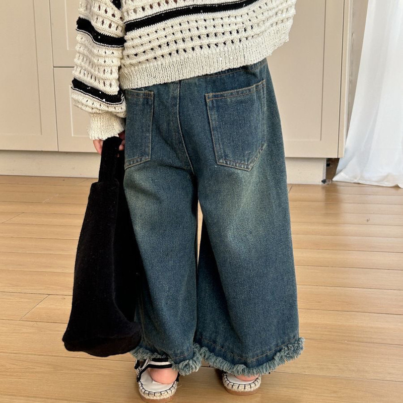 男女童新款牛仔裤春秋洋气外穿宝宝直筒休闲长裤中小童毛边阔腿裤|undefined