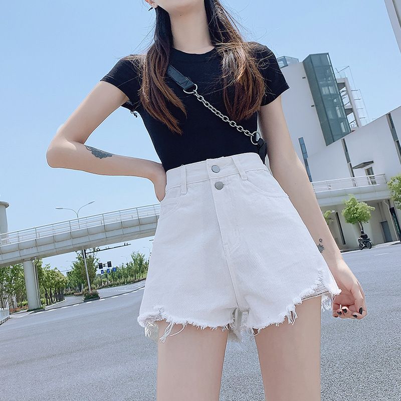 2022夏季高腰双扣撕烂破洞牛仔短裤女Women Jeans Shorts