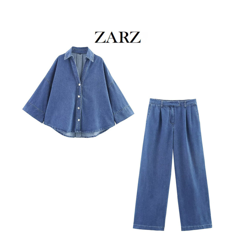 ZARZ homemade European and American style new women's wide sleeve Denim shirt high waist pleated wide leg jeans