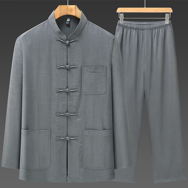 Zen-inspired Chinese style Zhongshan suit men's suit, two-piece set with stand-up collar and Chinese knot buttons, made of Tencel and linen. Available for online sales and dropshipping.