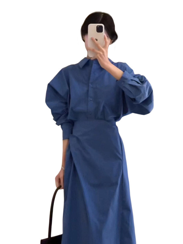早秋穿搭蓝色长袖衬衫连衣裙子女秋季2025新爆款高级感套装长裙|undefined