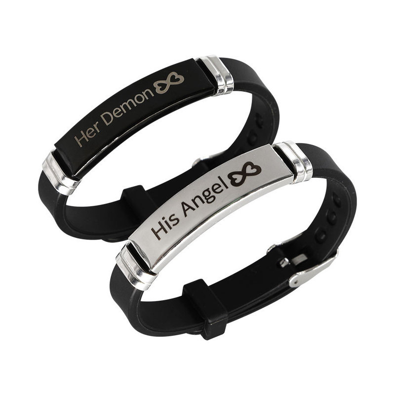 TikTok New Couple Angel Devil Her Demon Letter Stainless Steel Silicone Bracelet Black Steel Bracelet TikTok New Couple Angel Devil Her Demon Letter Stainless Steel Silicone Bracelet Black Steel Bracelet