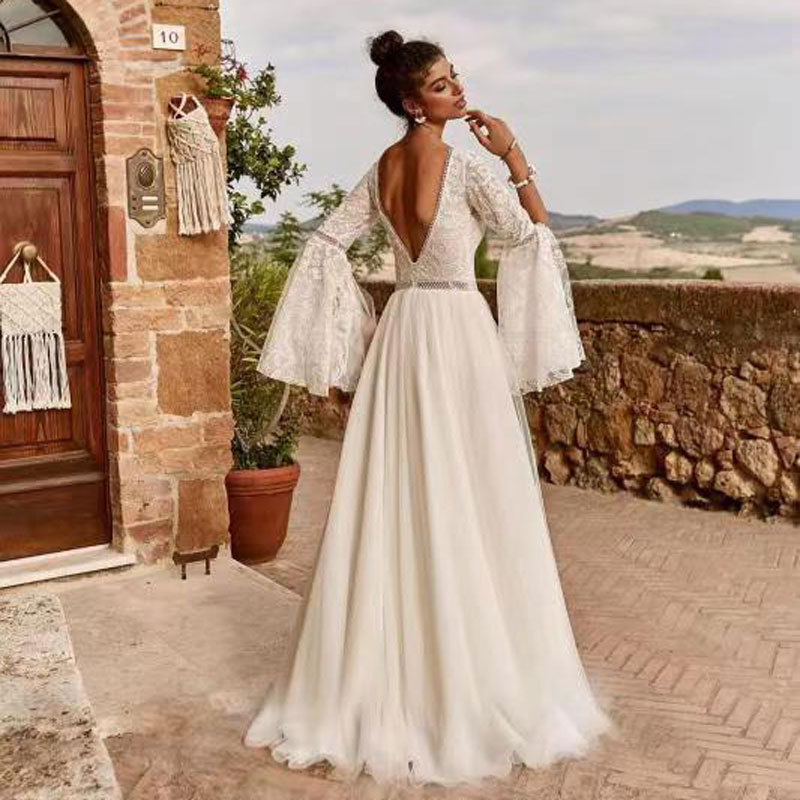El comercio exterior europeo y americano Amazon AliExpress desea estación independiente nueva línea de encaje campana manga piso-longitud vestido de novia