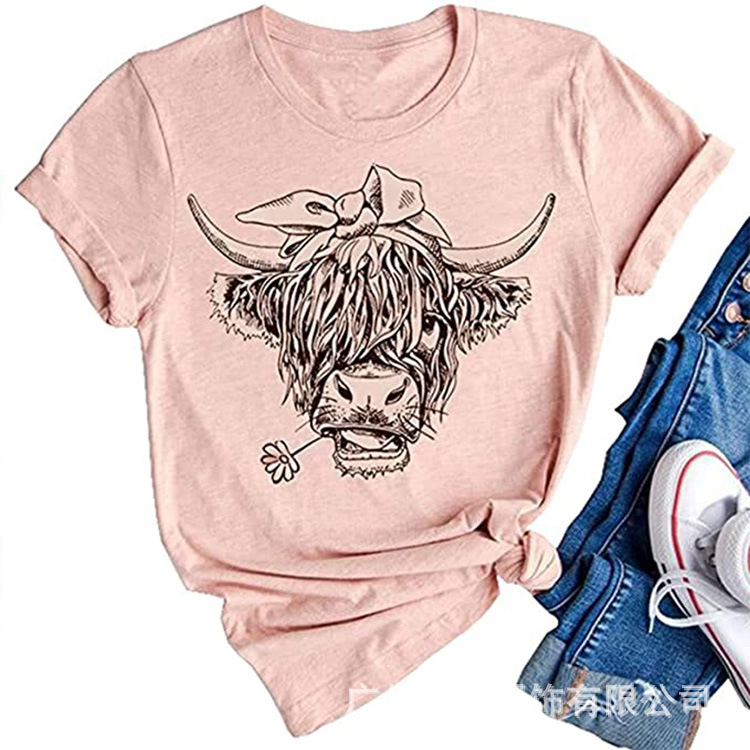 亚马逊爆款有趣的动物牛图形印花/扎染休闲短袖女式T恤农场上衣详情11