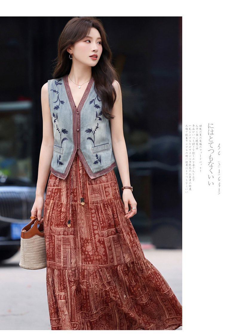 Set áo vest ren và chân váy midi hai mảnh nữ tính họa tiết thêu hoa — màu đỏ chi tiết 11