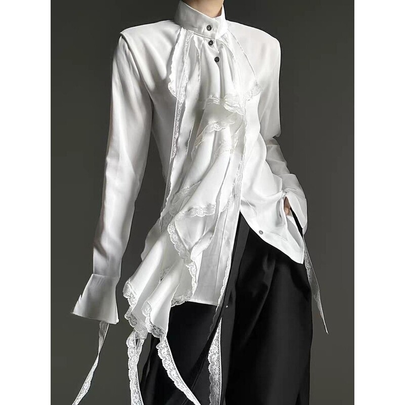 Vintage Lace Ruffle Ribbon Design Long-Sleeve Shirt for Men and Women, French-Style Waist-Cinching Inner Layer Cosplay Shirt