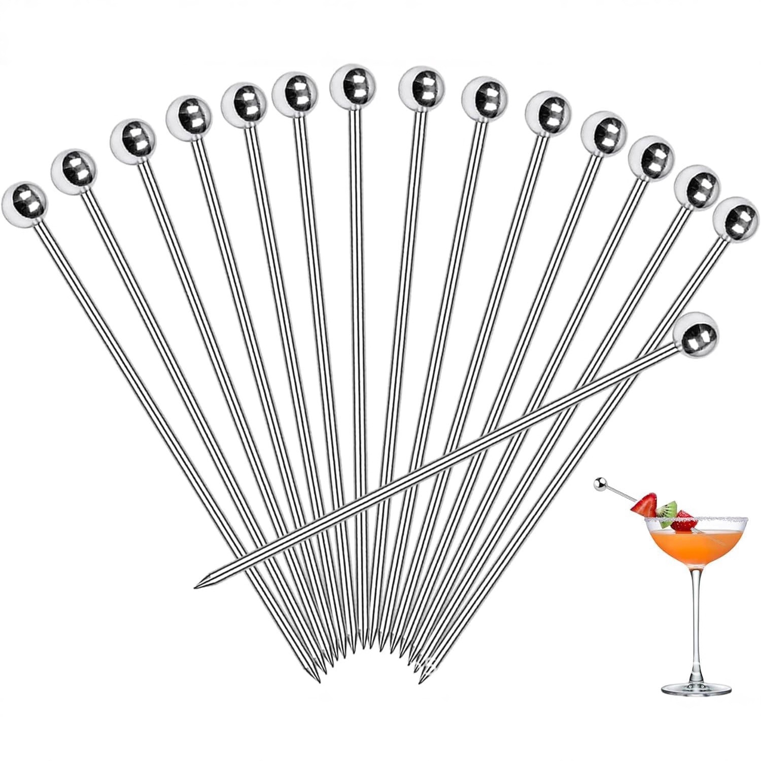 Cross-Border New Model 304 Stainless Steel Fruit Picks Fruit Needles Bar Cocktail Decoration Metal Wine Picks Fruit Forks