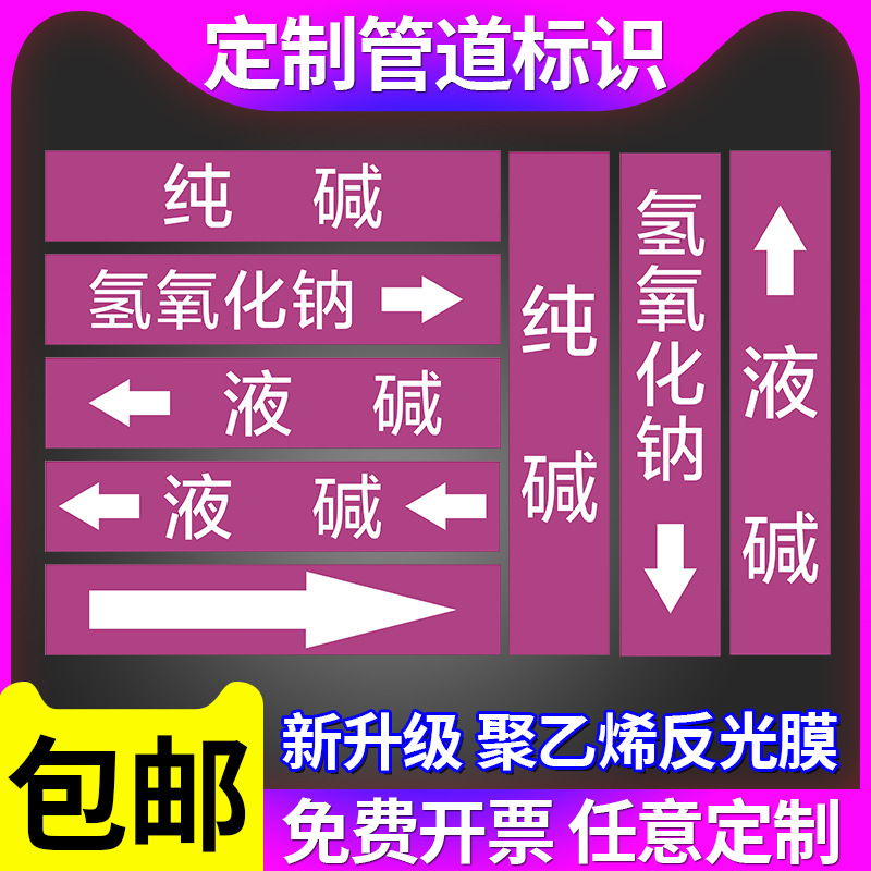 工业管道标识酸碱管道贴纯碱液碱氢氧化钠酸性碱性介质标签流向箭