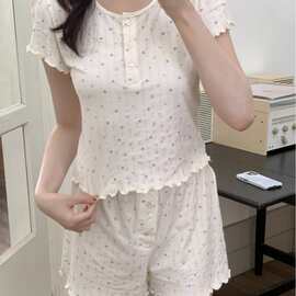 韩国ins女士夏季新品韩系小花短袖短裤针织BN风居家服套装短袖女