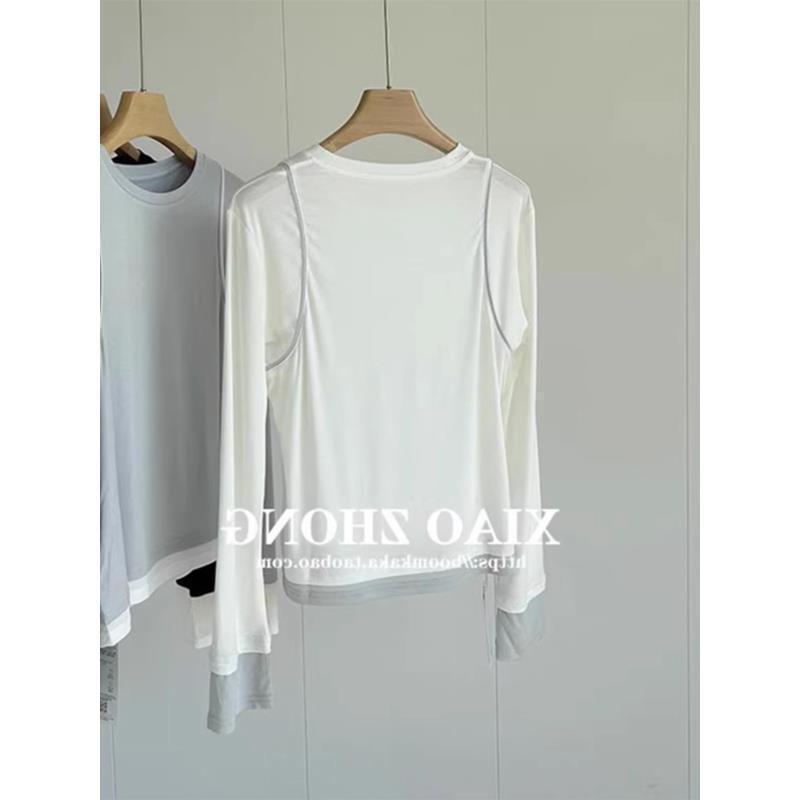 Li Huohuo Thin Spring Crewneck Stitching Contrast T-shirt Women's Fake Two-piece Inner Base Shirt Casual Long-sleeved Top Trendy