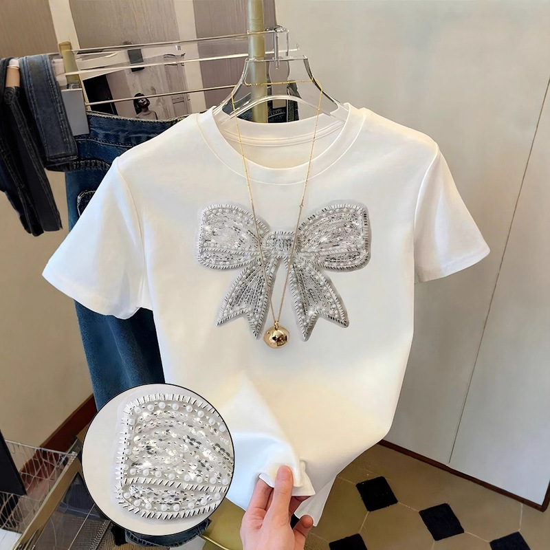 European and American Cross-Border Export Round Neck Short-Sleeved Sequined Butterfly Embroider Design Pattern Summer New T-Shirt Women's Shirt